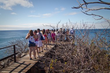 Kimliği belirsiz turist görünümünde okyanus manzara zevk noktası, San Cristobal, Galapagos Adaları