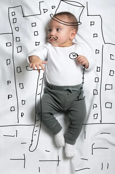 Cute baby boy posing like a gentleman decoration sketch — Stock Photo, Image