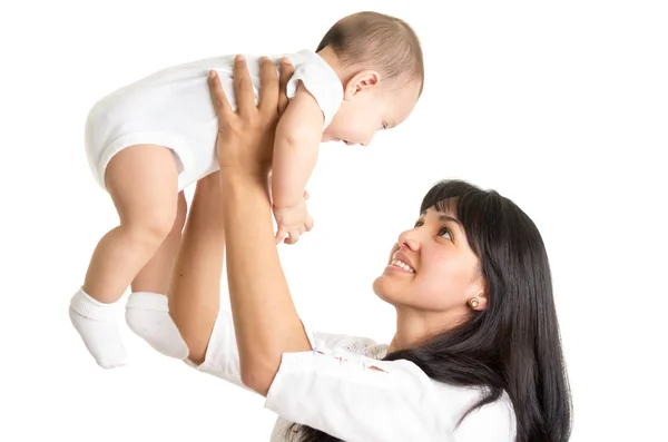 Portrait of joyful new mother holding small baby boy — Stock Photo, Image