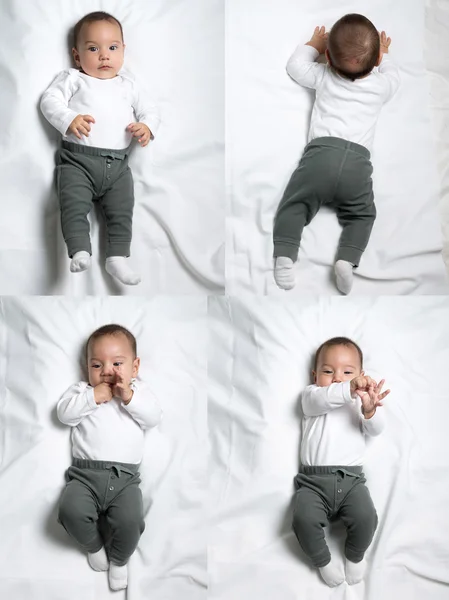 Conjunto de poses Niño lindo acostado en una manta — Foto de Stock