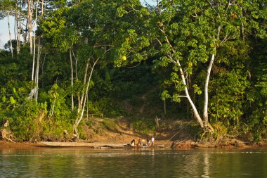 Unidentified local indigenous people next to Napo river in the rainforest, Yasuni National Park, Ecuador