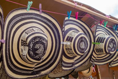 Traditional Colombian handmade hats sombrero vueltiao or volteado from street vendors Colombia most famous symbols 