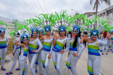 Group of colombian girls dancers with colorful and elaborate costumes participate in Colombias most important folklore celebration was declared a Masterpiece of Oral and Intangible Heritage of
