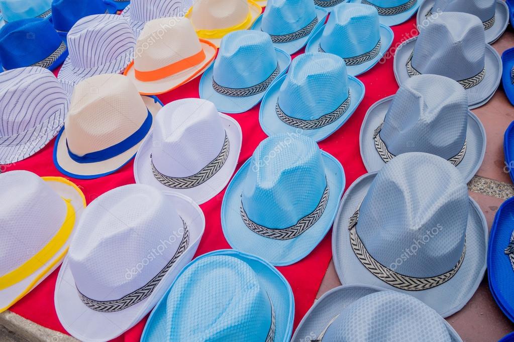 Traditional Colombian colorful straw hats from street vendors in