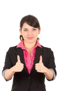 Pembe gömlek ve siyah blazer ceket veriyorum İspanyol kadın güvenle gülümseyen kamera kadar yaşasın
