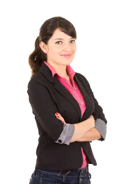 Hispanic woman in pink shirt and black blazer jacket with arms crossed side angle — Stock Photo, Image