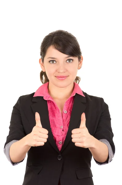 Spaanse vrouw in roze shirt en zwarte blazer jas geven duimen tot de camera glimlachen met vertrouwen — Stockfoto