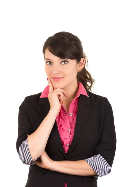 Spansktalande kvinna i rosa skjorta och svart kavaj jacka håller rätt finger upp till hakan vänster arm korsat med tankeväckande sätt — Stockfoto