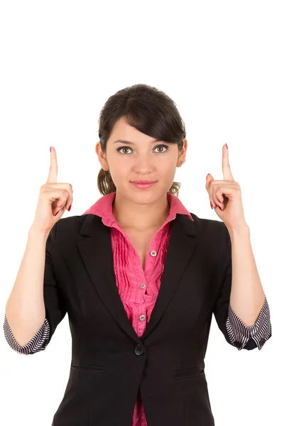 Mujer hispana con camisa rosa y chaqueta negra con dos dedos hacia arriba para la cámara —  Fotos de Stock