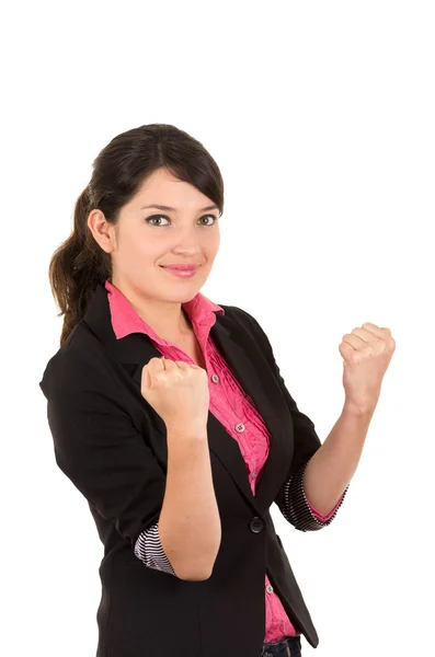Spaanse vrouw in roze shirt en zwarte blazer jas maken van een vuist met elke hand van zijhoek — Stockfoto