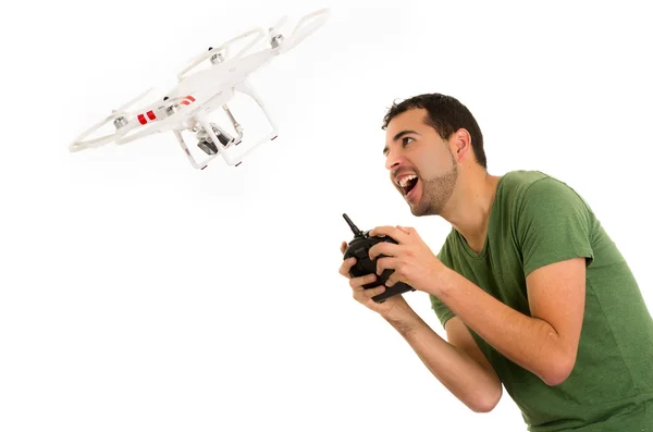 Ung man med quadcopter drone — Stockfoto