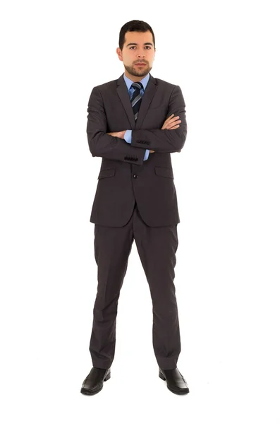 年轻拉丁男人站身穿灰色西装 — 图库照片
