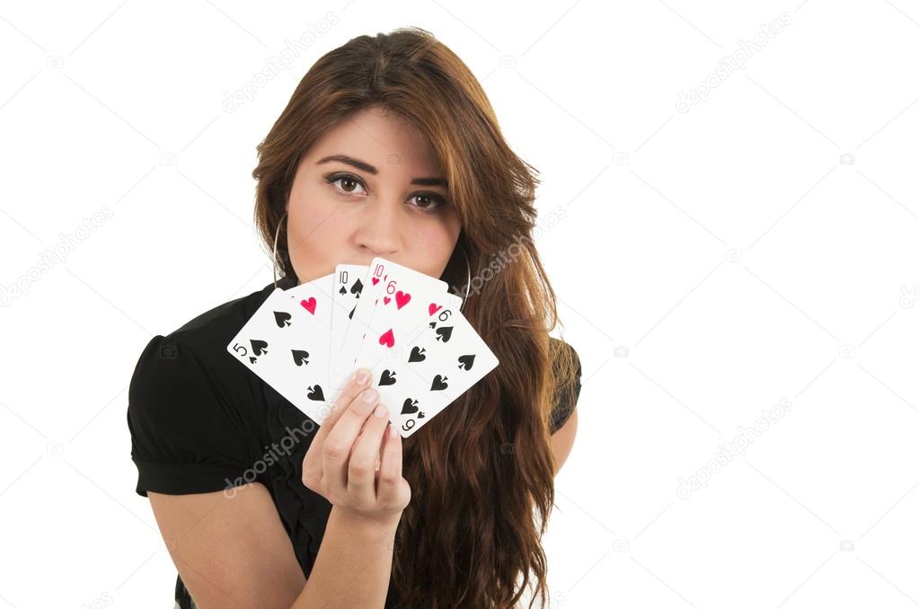 Beautiful young girl holding cards in her hand — Stock Photo