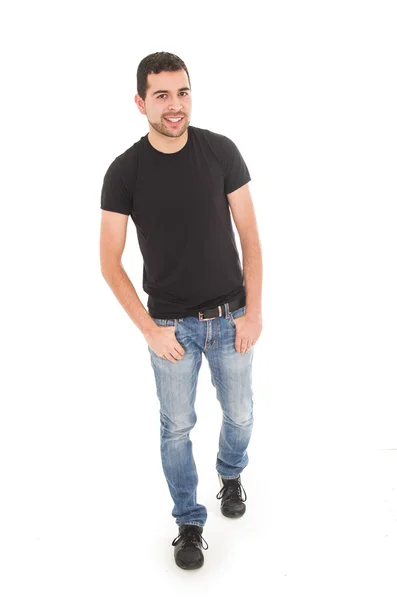 Молодой человек джинсы черная футболка позирует — стоковое фото