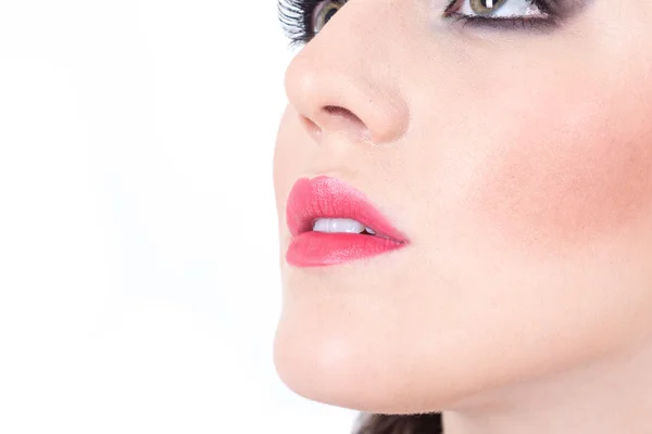 Closeup of girls beautiful nose and red lips — Stock Photo, Image