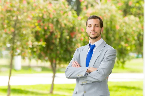 Knappe succesvolle zakenman professionele in grijs pak poseren voor de camera in het park — Stockfoto