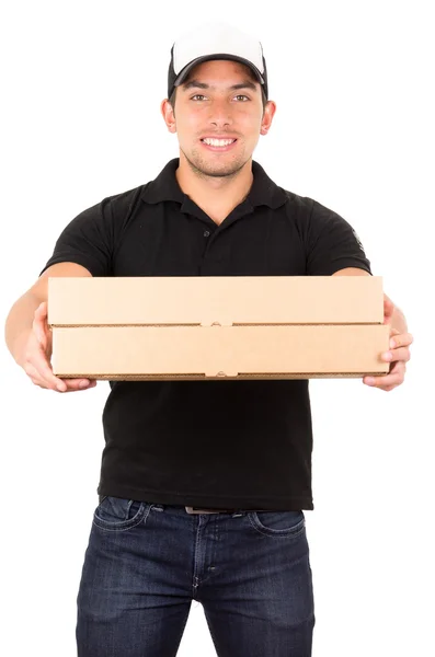 Feliz amigo entrega confiada hombre llevando cajas —  Fotos de Stock