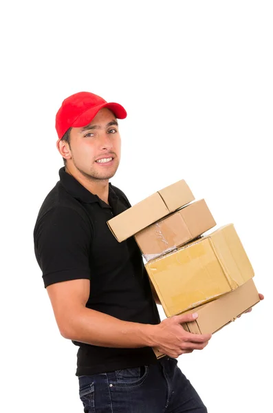 Feliz amigo entrega confiada hombre llevando cajas —  Fotos de Stock