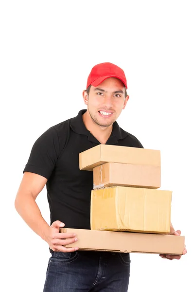 Felice amichevole uomo consegna fiducioso che trasporta scatole — Foto Stock