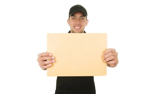 Happy friendly confident delivery man holding manila envelope — Stock Photo, Image