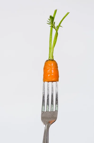 Closeup silver fork with small piece of organic carrot including stem and white background — 스톡 사진