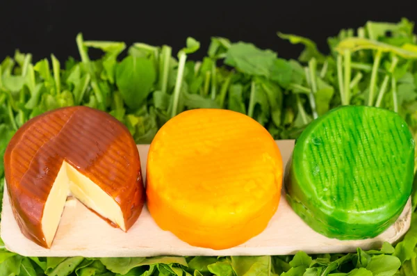 Très belle présentation délicate de trois fromages aromatisés différents emballés en brun. jaune et vert placé sur une surface en bois avec des plantes de fond — Photo