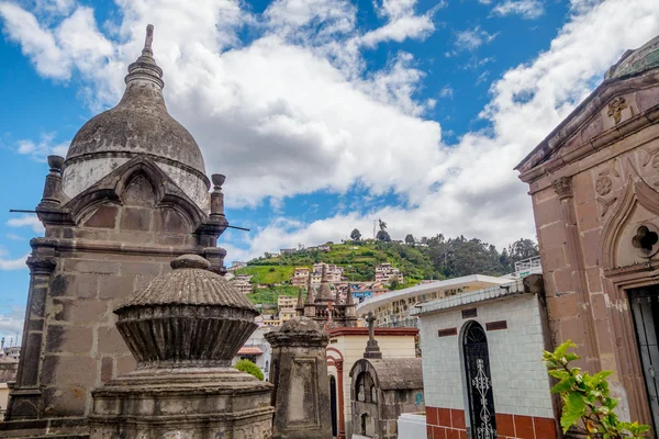 Spectacular old catholic stone structures part of San Diego church cemetary in Quito with famous Panecillo mountain background — Stock Photo, Image