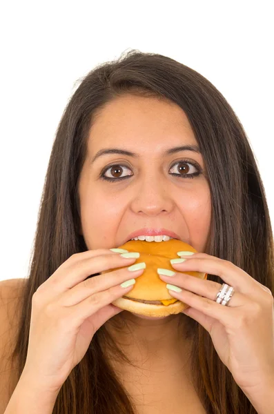 Headshot hispanic brunette model wearing black top eating hamburger looking into camera, white background — Stock Photo, Image