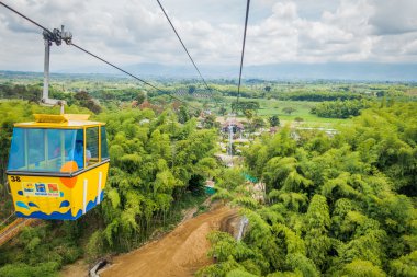 NATIONAL COFFEE PARK, COLOMBIA, Downward view of yellow cable car descending by, inside National Coffe Park, shot from passenger perspective