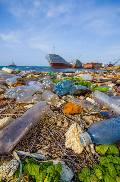 Товстої кишки, Панама - 15 квітня 2015: Відходи і забруднення, промивки на березі пляжу в міський товстої кишки в Панамі — стокове фото
