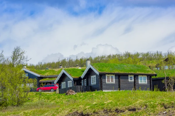 Valdres, norwegen - 6. juli 2015: traditionelle norwegische Berghütten aus Holz mit grasbedeckten Dächern in wunderschöner Umgebung im beitostolen alpinen Zentrum — Stockfoto