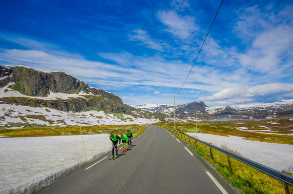 VALDRES, NORUEGA - 6 DE JULIO DE 2015: Impresionante naturaleza en Valdresflya, paisaje verde cubierto se extiende tan lejos como la vista puede ver con manchas de nieve y lagos bajo el hermoso cielo azul —  Fotos de Stock