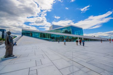 OSLO, NORWAY - 8 JULY, 2015: Walking on the spectacular opera house building located waterfront eastside of city with beautiful architecture and views 