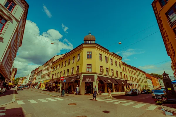 OSLO, NORWAY - 8 JULY, 2015: Charming neighbourhood Grunerlokka typical buildings and sorroundings on a sunny day — Stock fotografie