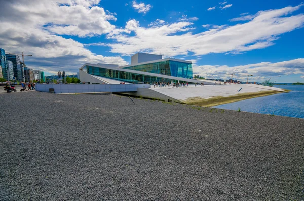 OSLO, NORWAY - 8 JULY, 2015: Walking on the spectacular opera house building located waterfront eastside of city with beautiful architecture and views — Stock Photo, Image