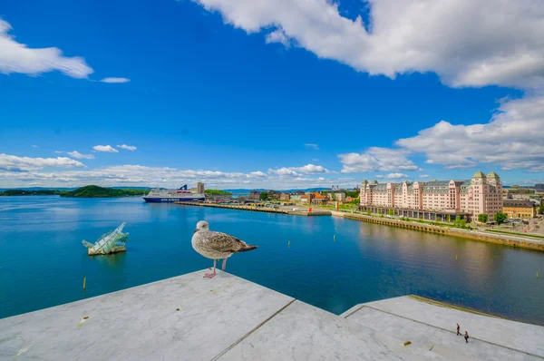 OSLO, NORWAY - 8 JULY, 2015: Excellent panoramic view over fjord of Oslo with beautiful blue colored ocean and sky, large ferry visible in the distance — Stock Fotó