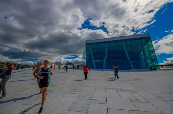 OSLO, NORWAY - 8 JULY, 2015: Walking on the spectacular opera house building located waterfront eastside of city with beautiful architecture and views — Stock Photo, Image