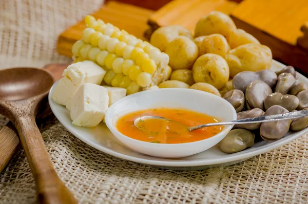 Gros plan de plateau blanc mélangé avec des aliments latin frits typiques. abbas, bol à fromage et salsa délicatement disposé cadre rustique — Photo