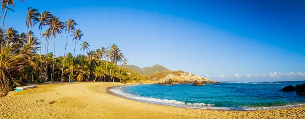 Bela paisagem tropical praia areia dourada e montanha no horizonte com palmeiras — Fotografia de Stock