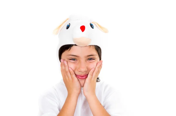 Carino giovane ragazzo vestito in costume coniglietto rendendo adorabili volti isolati su sfondo bianco — Foto Stock