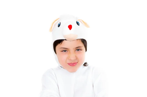 Cute young boy dressed in bunny costume making adorable faces isolated over white background — Stock Photo, Image