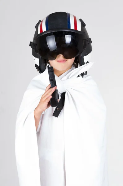 Cool kid posing wearing all white and flight helmet with reflected shades — Stock Photo, Image