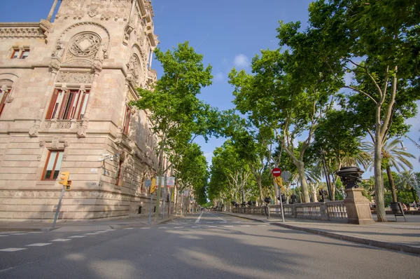 Belle architecture de Barcelone avec des bâtiments de style européen et des décorations au centre-ville, entourés de verdure journée ensoleillée — Photo