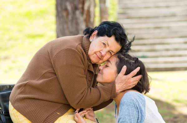 Grandmother facing granddaughter touching heads outdoors, lovely picture displaying love between people — Stock Photo, Image