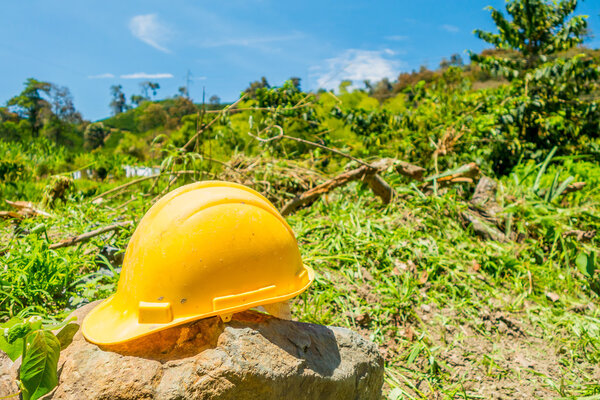 Yellow hard hat with a coffee plantation farm in the background