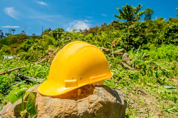 Yellow hard hat with a coffee plantation farm in the background