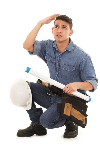 Architect with hard hat and blueprints — Stock Photo, Image