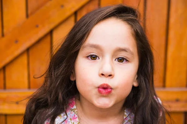 Gorgeous young brunette girl closeup headshot posing for camera, wooden door background — Stock fotografie