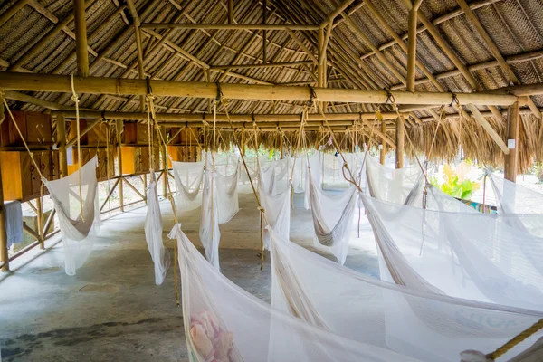 Many relaxing hammocks in a big beach bungalow — Stock Photo, Image