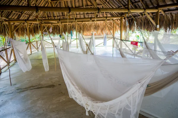 Many relaxing hammocks in a big beach bungalow — Stock Photo, Image